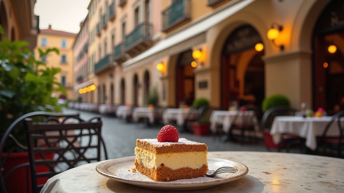 Pittoresk Italiaans café met tiramisu op tafel.