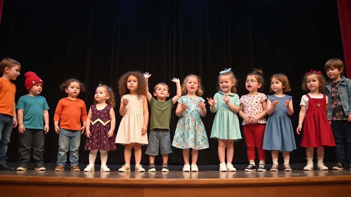 Podium met kinderen die een toneelstuk opvoeren