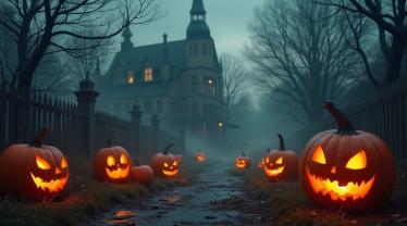 Pompoenen en mist op een Halloween-nacht.