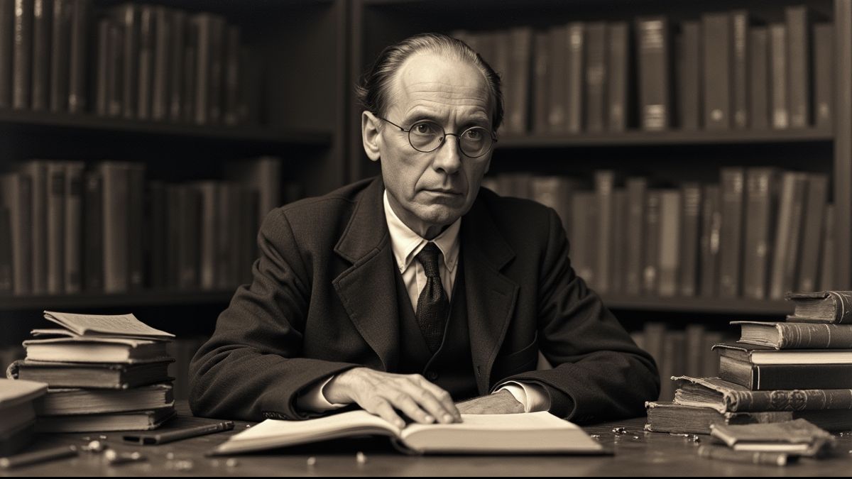Portret van Kurt Gödel met boeken