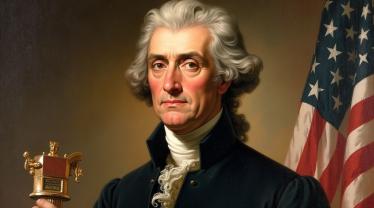 Historisch portret van Thomas Jefferson met boek en pen.