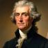 Portret van Thomas Jefferson met symbolen van educatie en democratie.