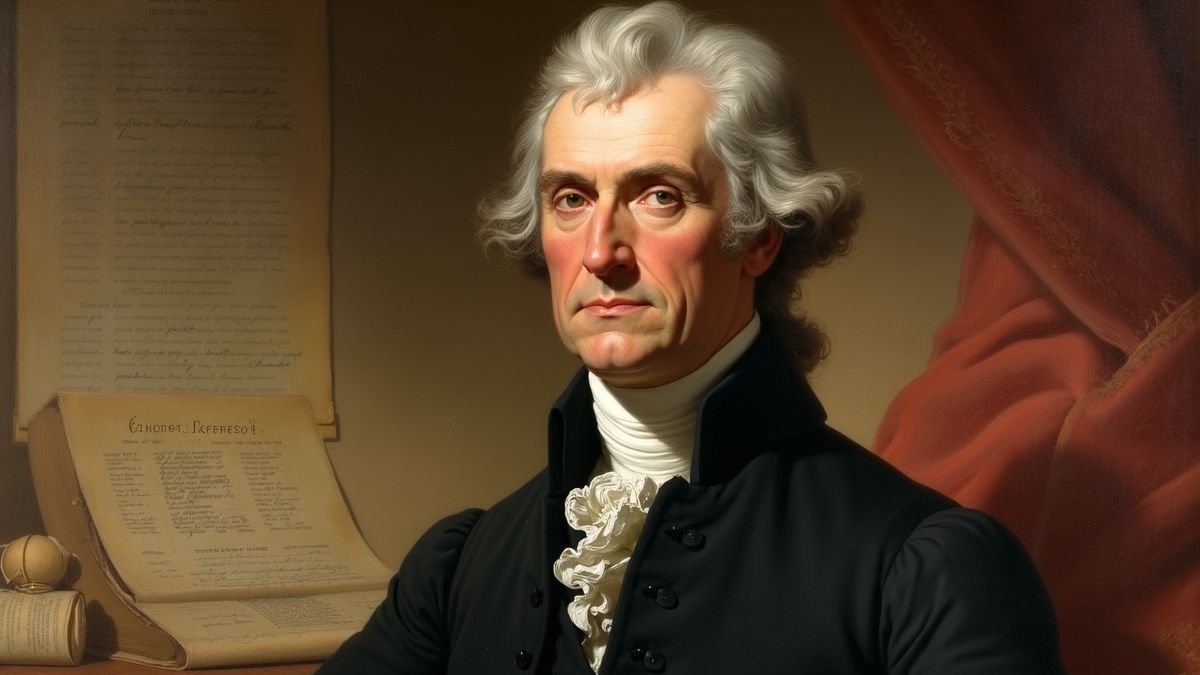 Portret van Thomas Jefferson naast historische documenten.