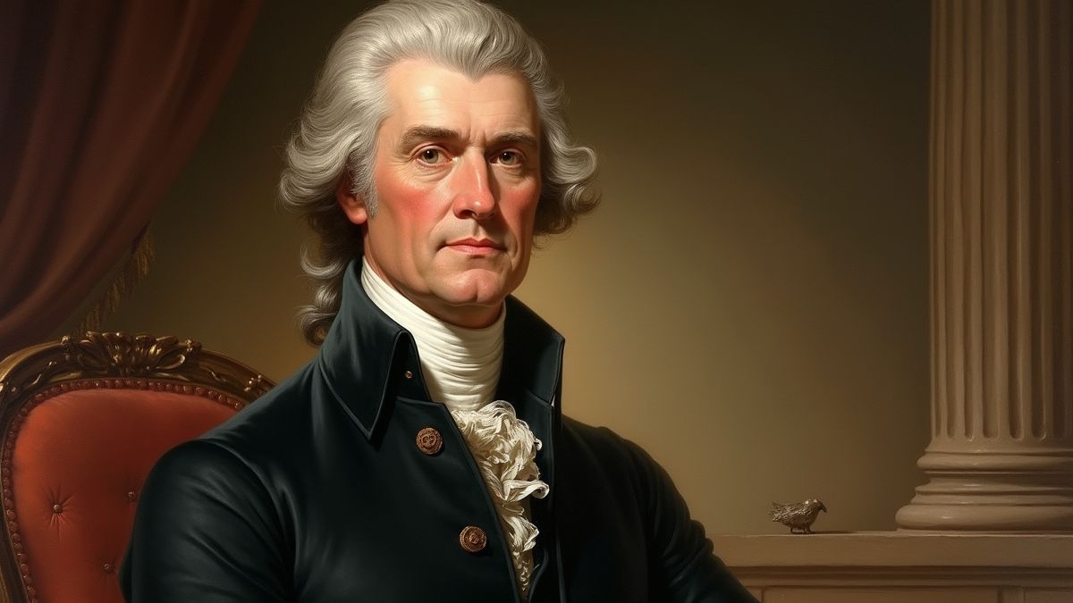 Portret van Thomas Jefferson naast historische documenten.