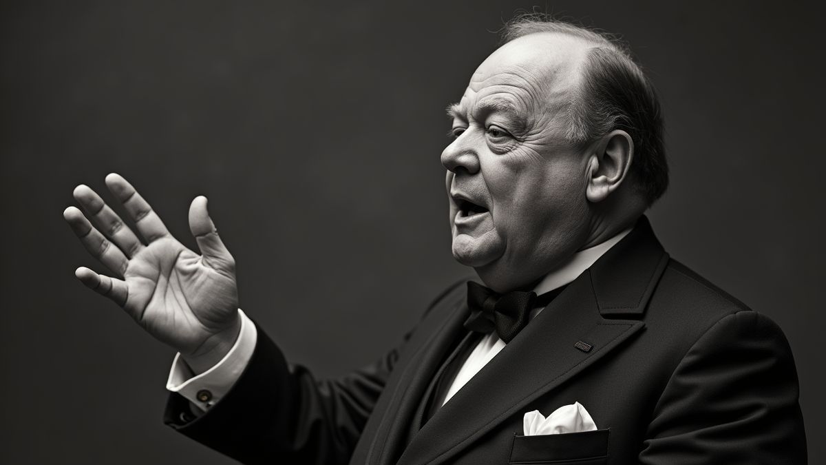 Portret van Winston Churchill tijdens een inspirerende toespraak