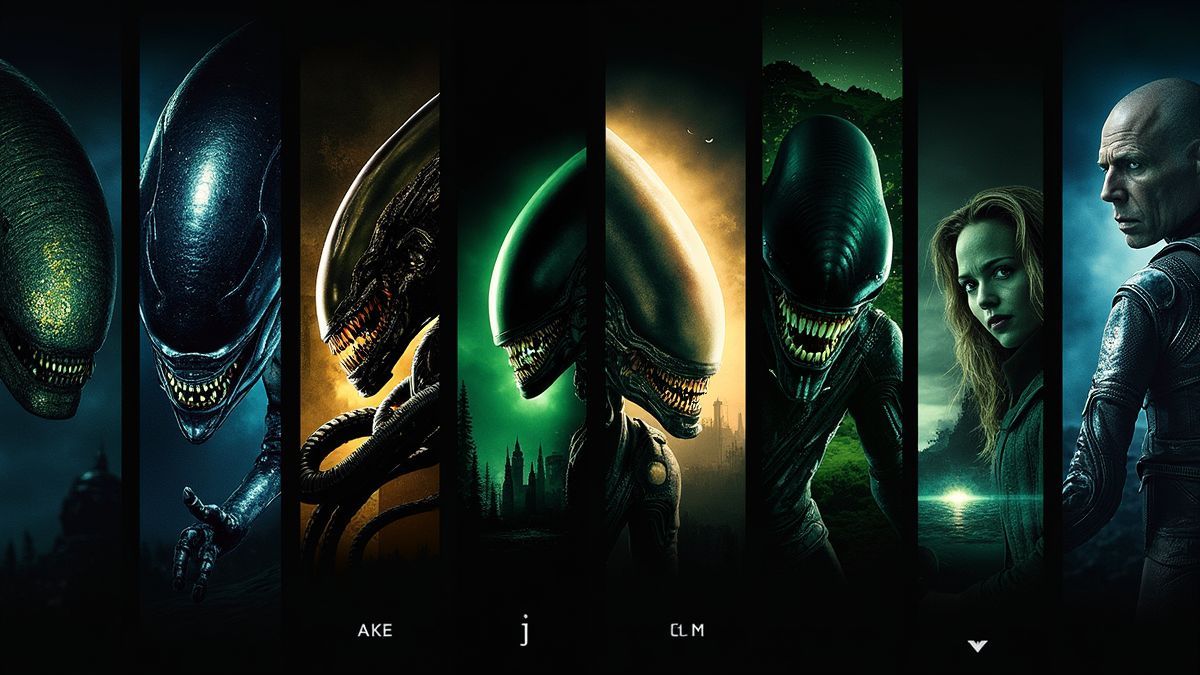 Posters van de Alien-films gecombineerd in een collage.