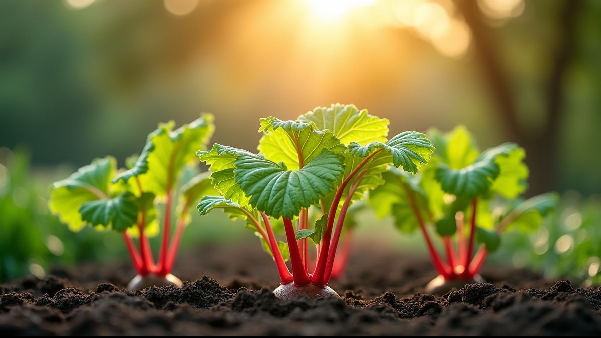 Rabarberplanten in een tuin