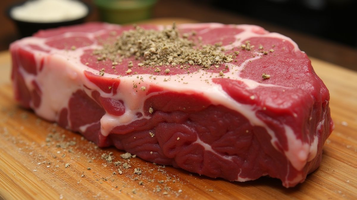 Rauwe prime rib op een houten plank met kruiden en specerijen.