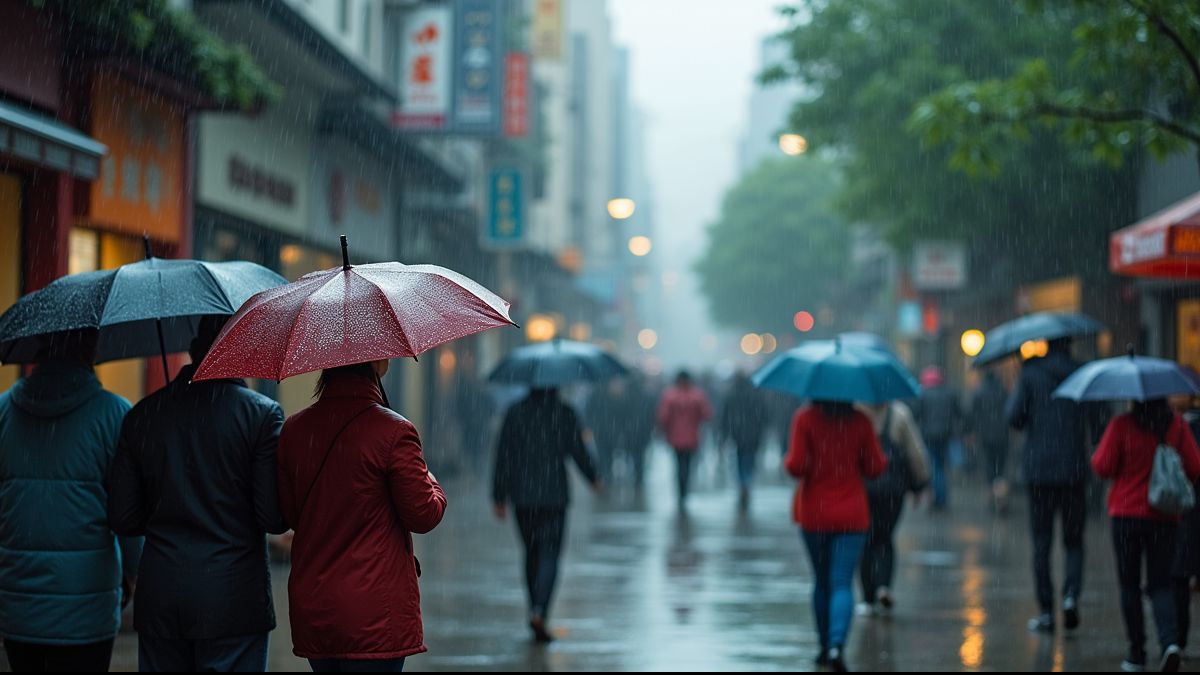 Regenachtige straat met mensen onder paraplu's