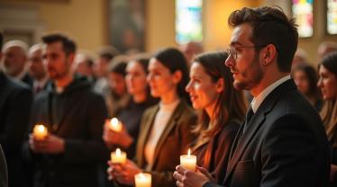 Groep mensen in een Belgische kerk in meditatie
