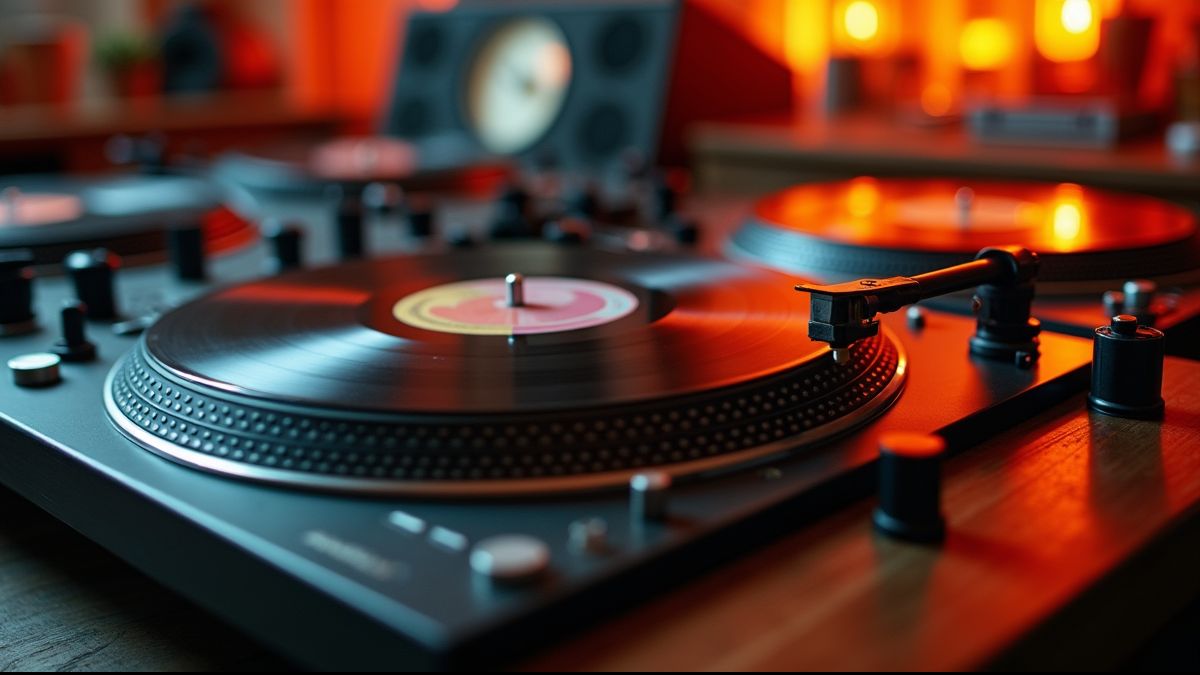 Retro DJ opstelling met vinylplaten