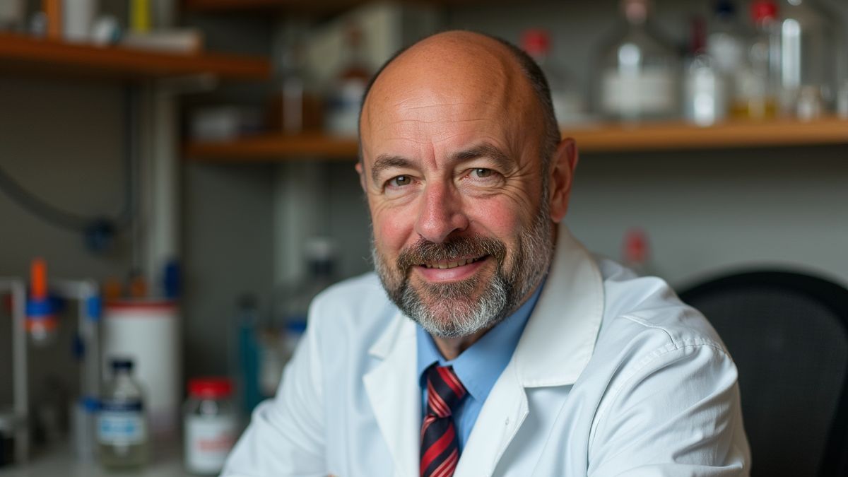 Robert Bunsen met laboratoriumapparatuur op de achtergrond.