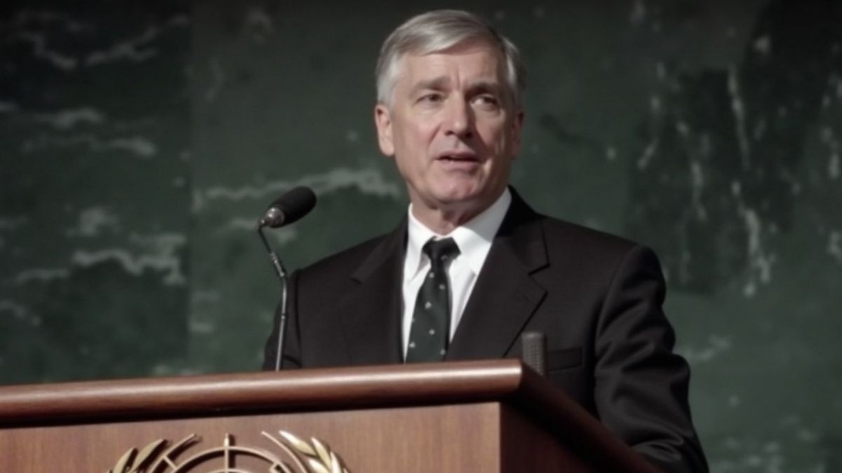 Robert Muller spreekt op een VN-podium.