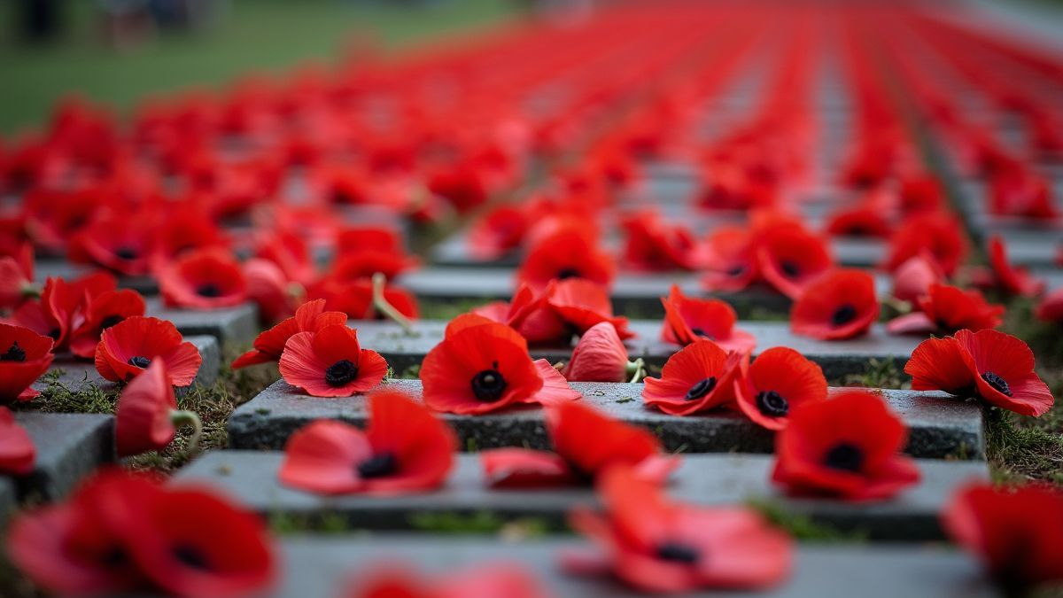 Rode papavers op herdenkingsstenen.