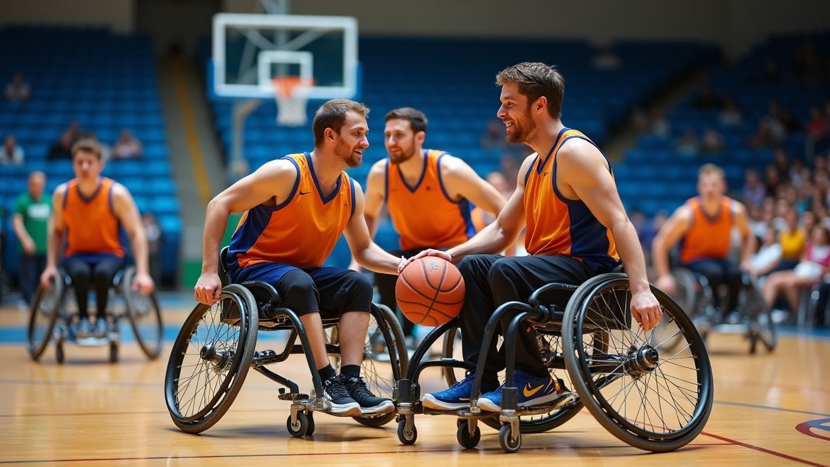 Rolstoelbasketbalwedstrijd met spelers in actie.
