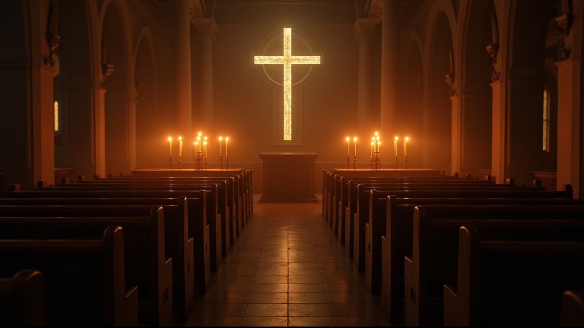 Rustig kerkinterieur met kaarslicht