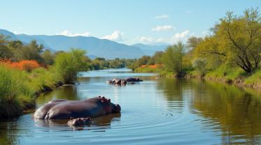 Rustig rivierenlandschap met nijlpaarden in hun natuurlijke habitat.