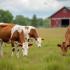Rustige boerderijdieren in een weiland met een schuur op de achtergrond.