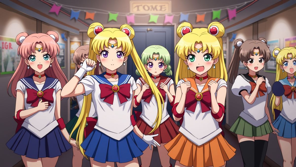 Sailor Moon fans in kleurrijke kostuums vieren samen.