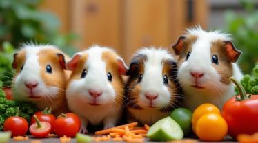 Een schattige cavia op een bed van verse groenten