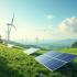 Schilderachtig landschap met zonnepanelen en windturbines