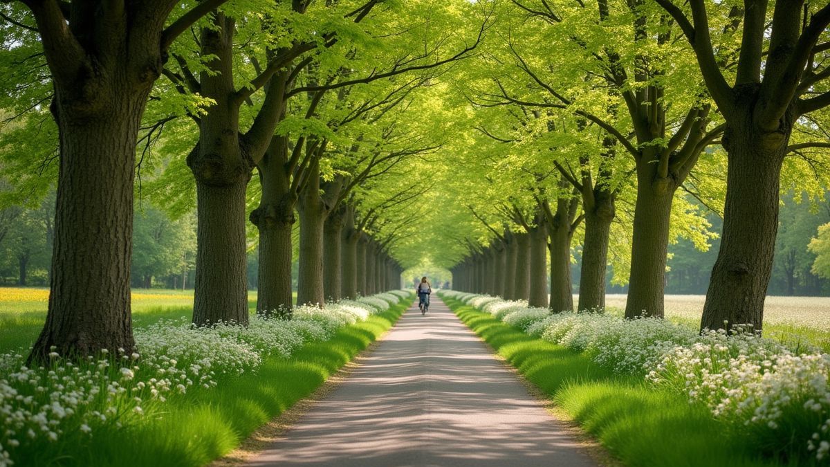 Schilderachtige fietsroute in België omringd door bomen en bloemen