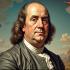 Schilderij van Benjamin Franklin omgeven door innovatiesymbolen
