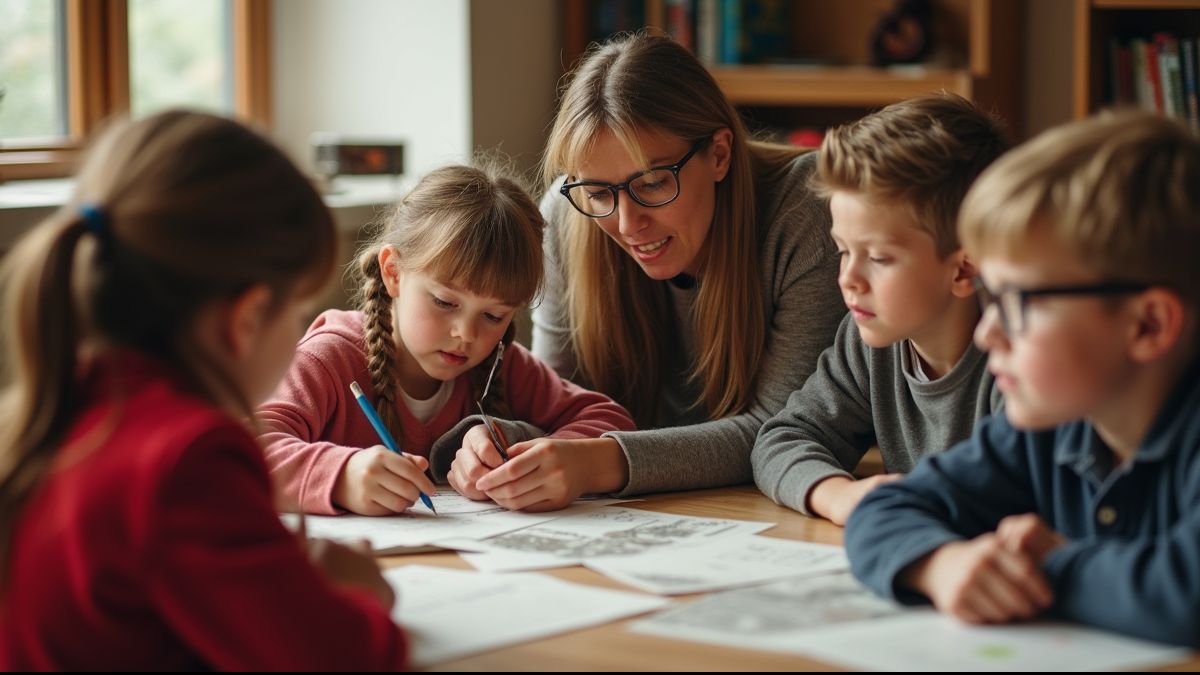 Schoolkinderen leren met een leraar