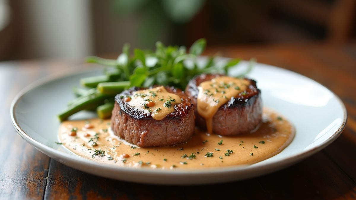 Sfeervol gepresenteerde filet mignon met een romige pepersaus