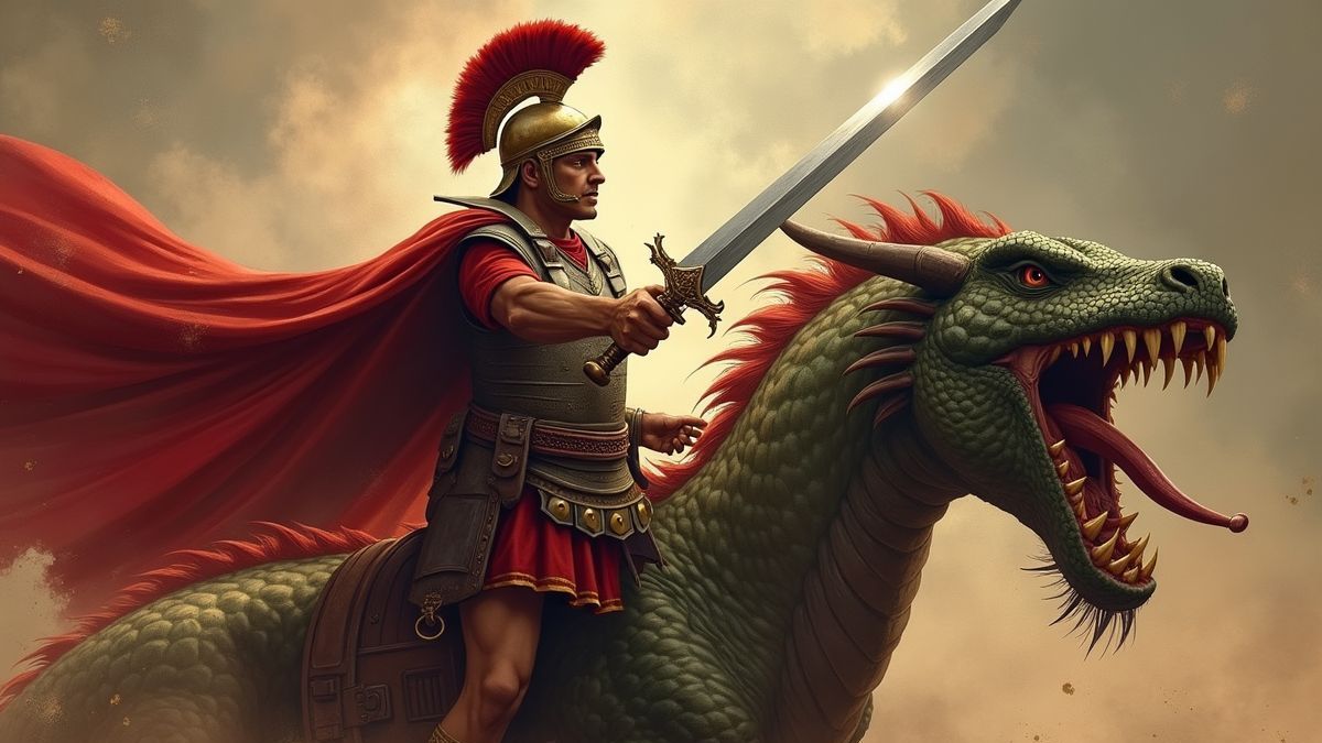 Sint-Joris slaat een draak neer in een historische illustratie.