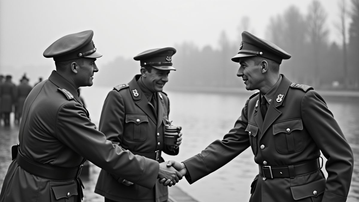 Soldaten schudden handen aan de Elbe-rivier in 1945.