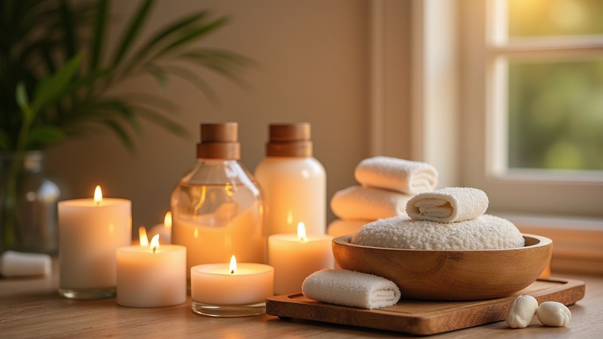 Spa-opstelling met natuurlijke huidverzorgingsproducten en kaarsen.