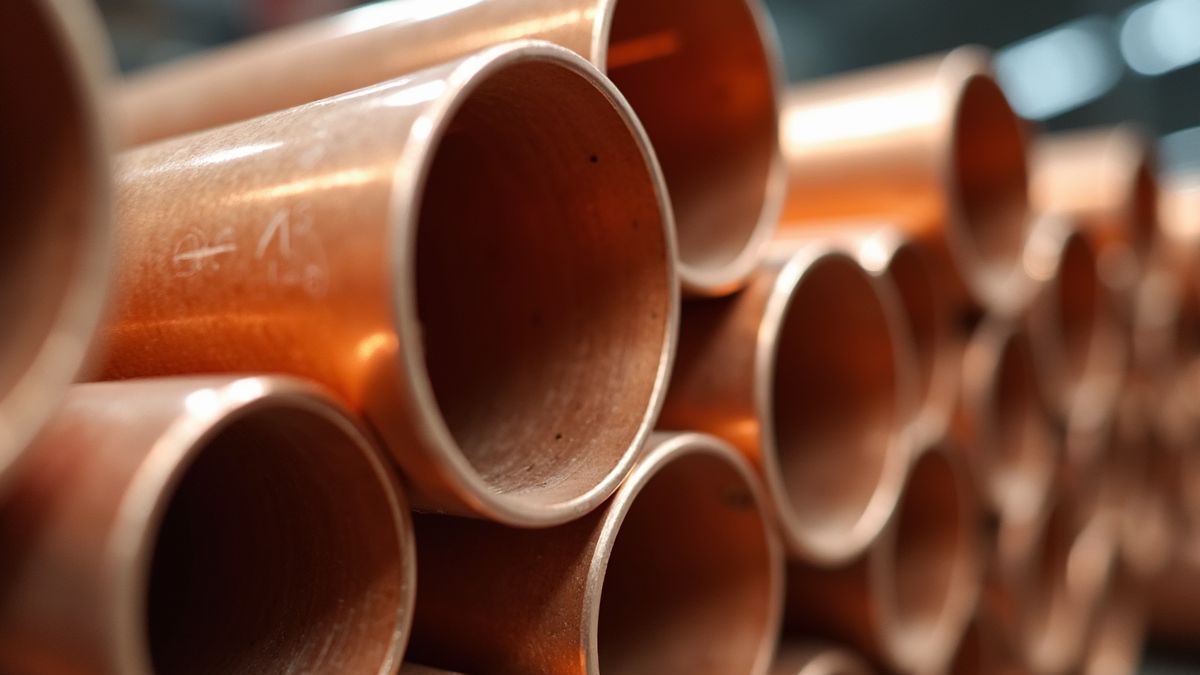 Stapel koperen pijpen, symbool van moderne loodgieterij.