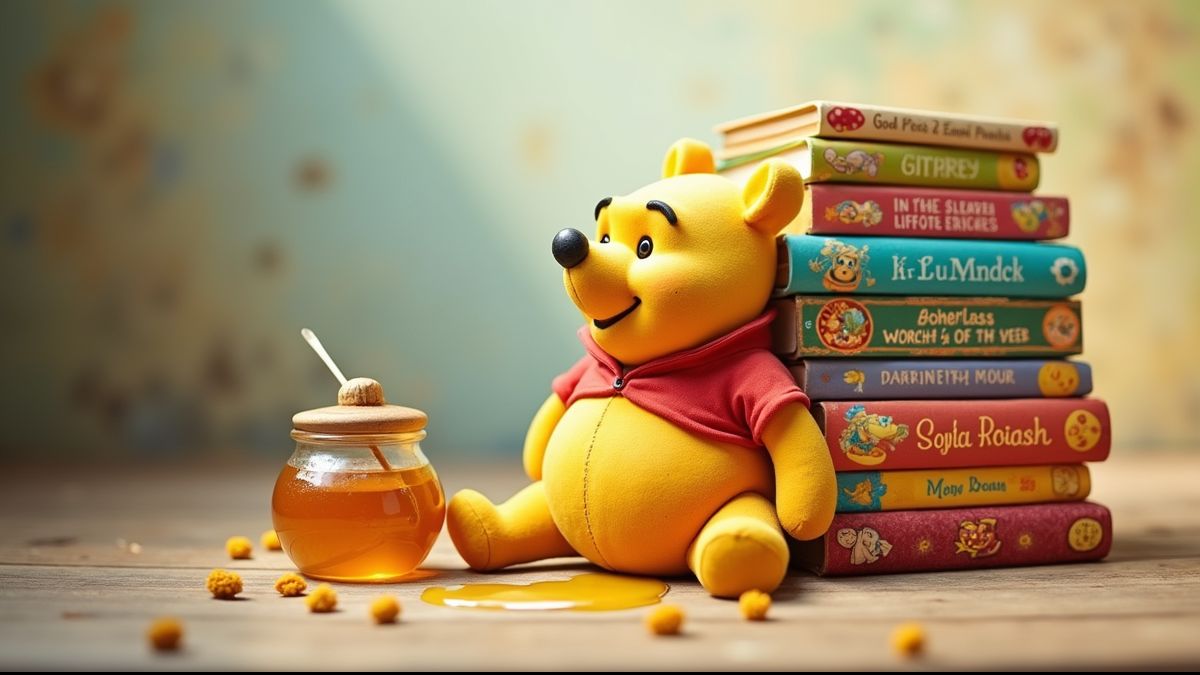 Stapel Winnie de Poeh boeken met honingpot