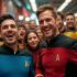 Star Trek fans celebrating Star Trek Dag, verkleed in Starfleet uniformen