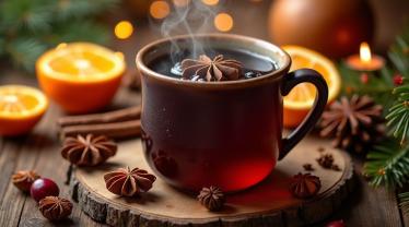 Stoomt kopje mulled wine omgeven door kruiden