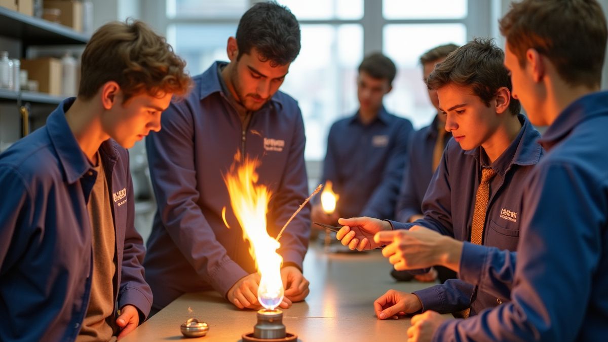 Studenten experimenteren met Bunsenbranders in een lab.
