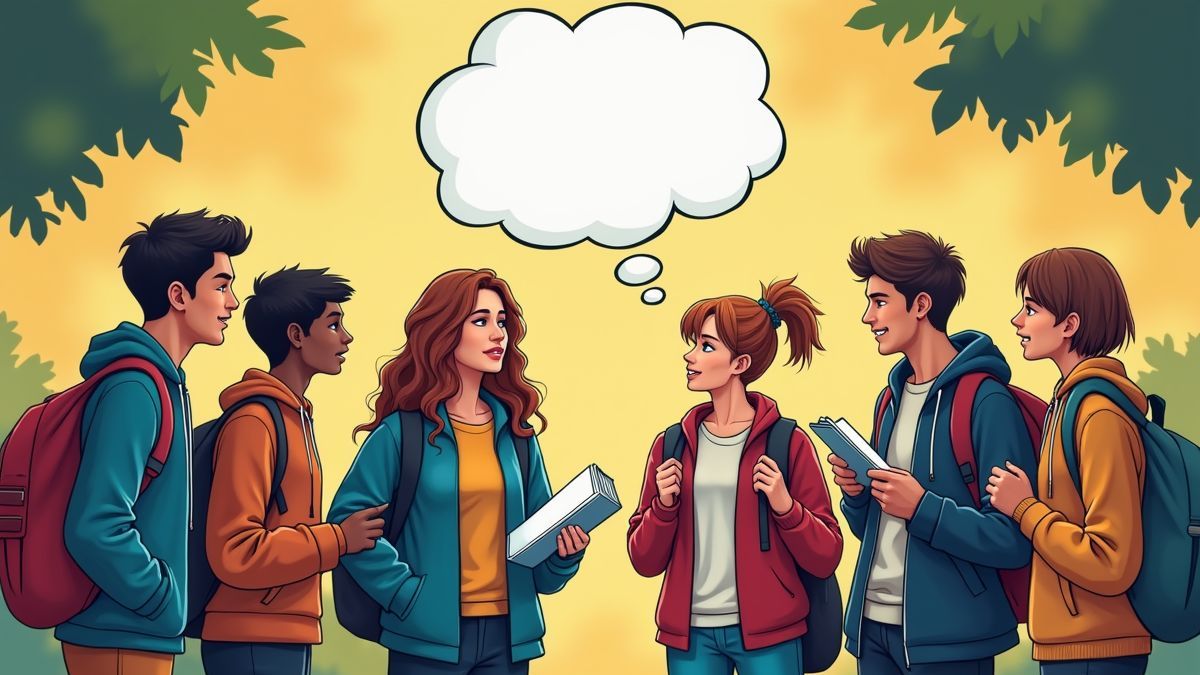 Studenten op een campus die praten over academische vrijheid.