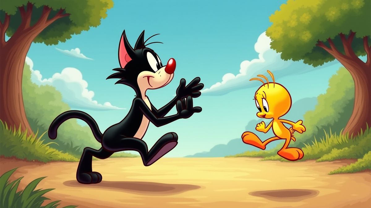 Sylvester de Kat achtervolgt Tweety in een cartoonachtige omgeving