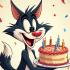 Sylvester de Kat met een verjaardagstaart en confetti