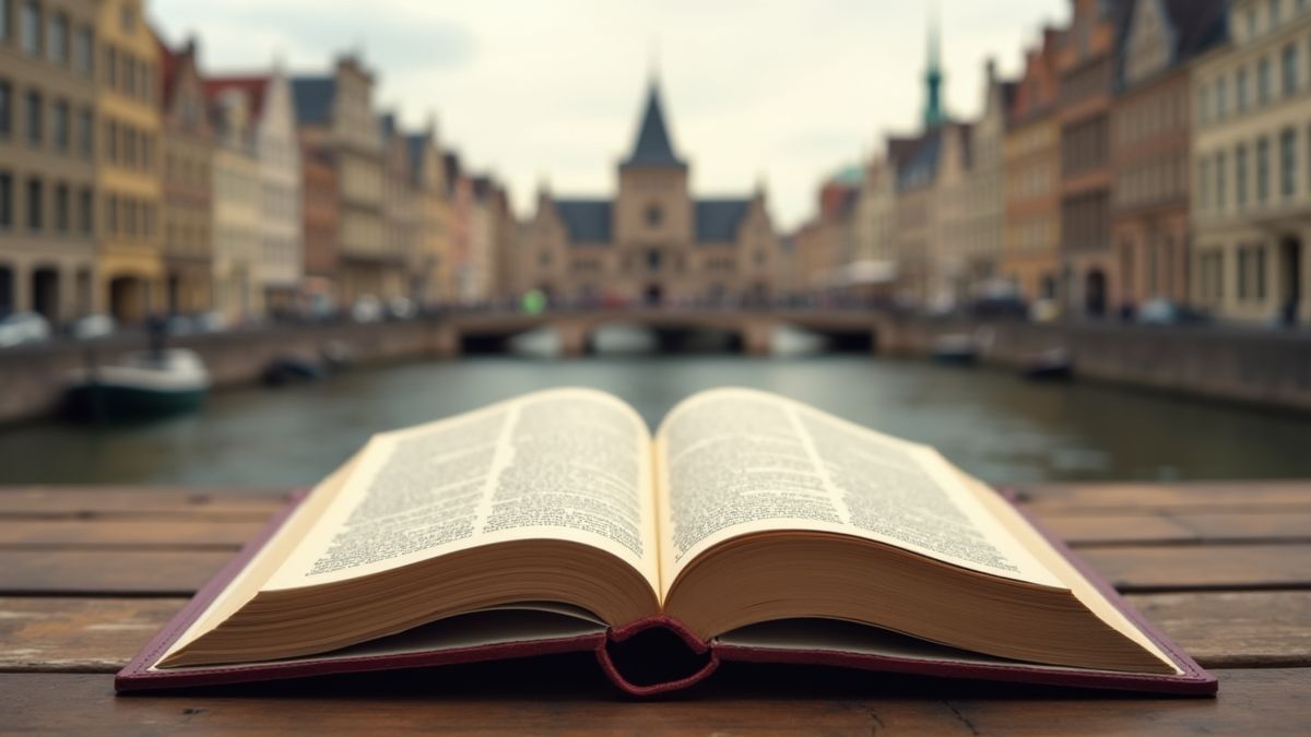 Tablet met een e-book en Belgische architectuur.