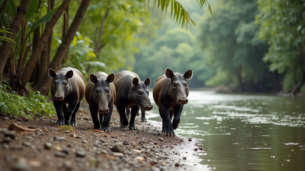 Tapirs lopen langs een rivier in een tropisch landschap.