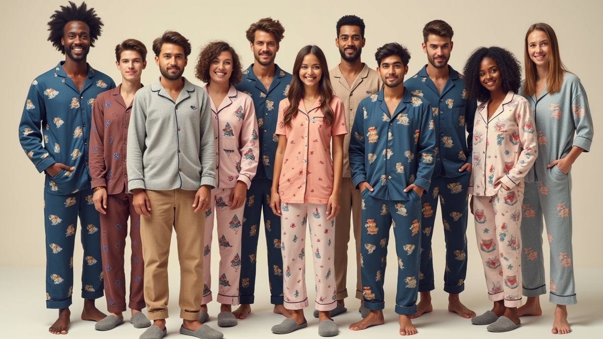 Team foto met originele pyjama ontwerpen.