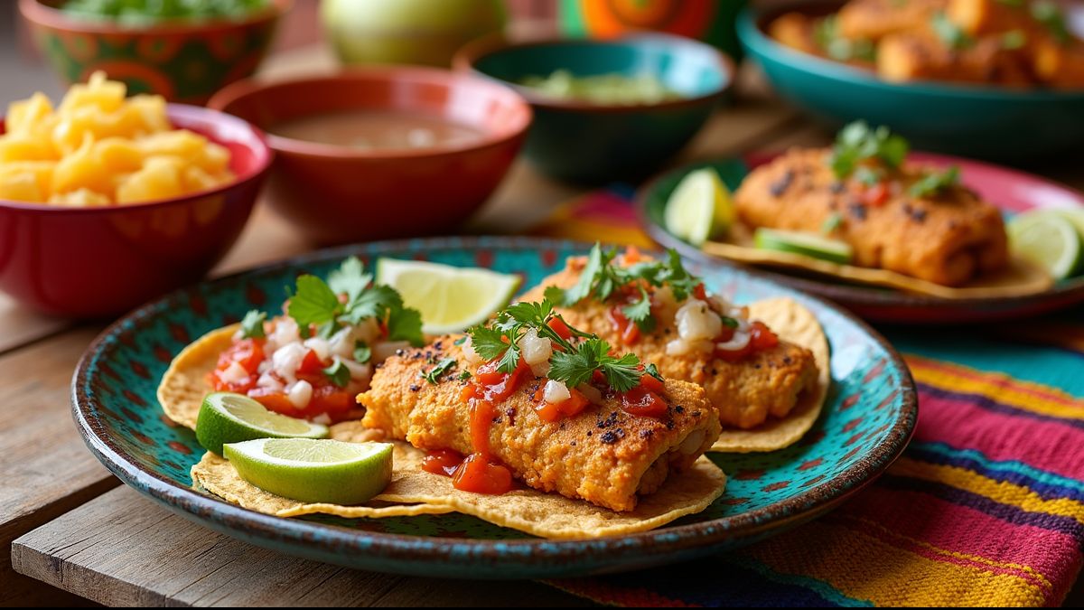 Tex-Mex maaltijd op kleurrijk Mexicaans servies
