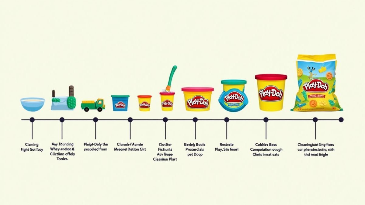 Tijdlijn illustratie van de evolutie van Play-Doh van schoonmaakproduct naar speelgoed.