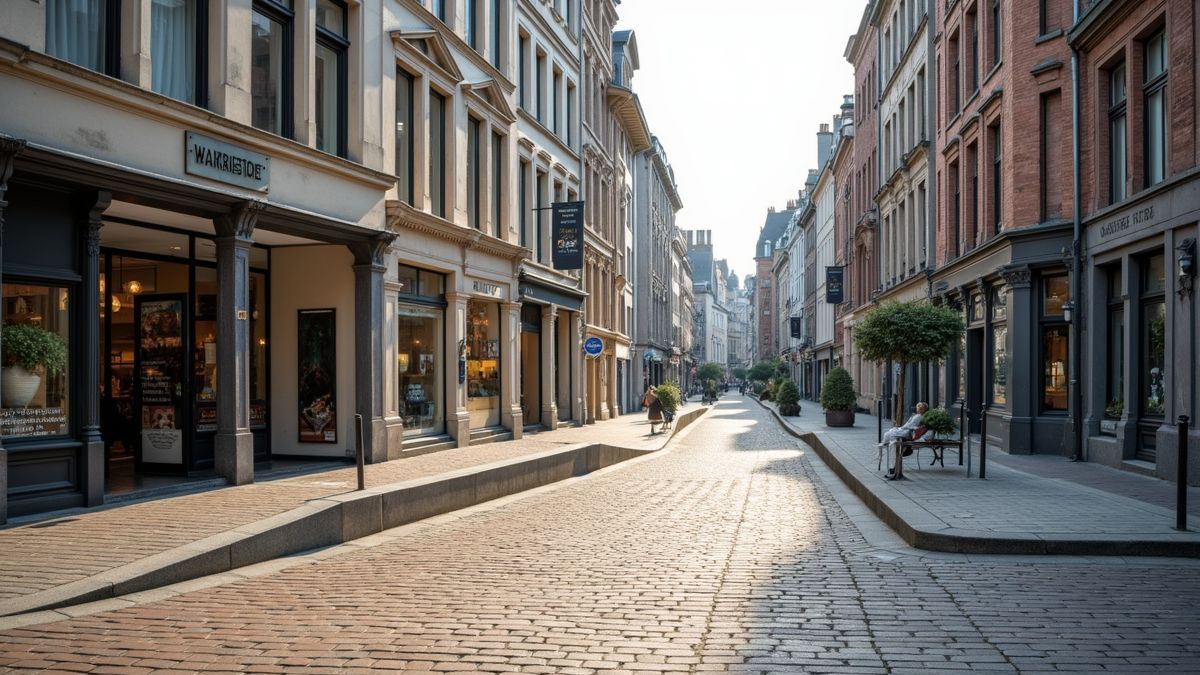Toegankelijke straat in België met rolstoelhellingen.