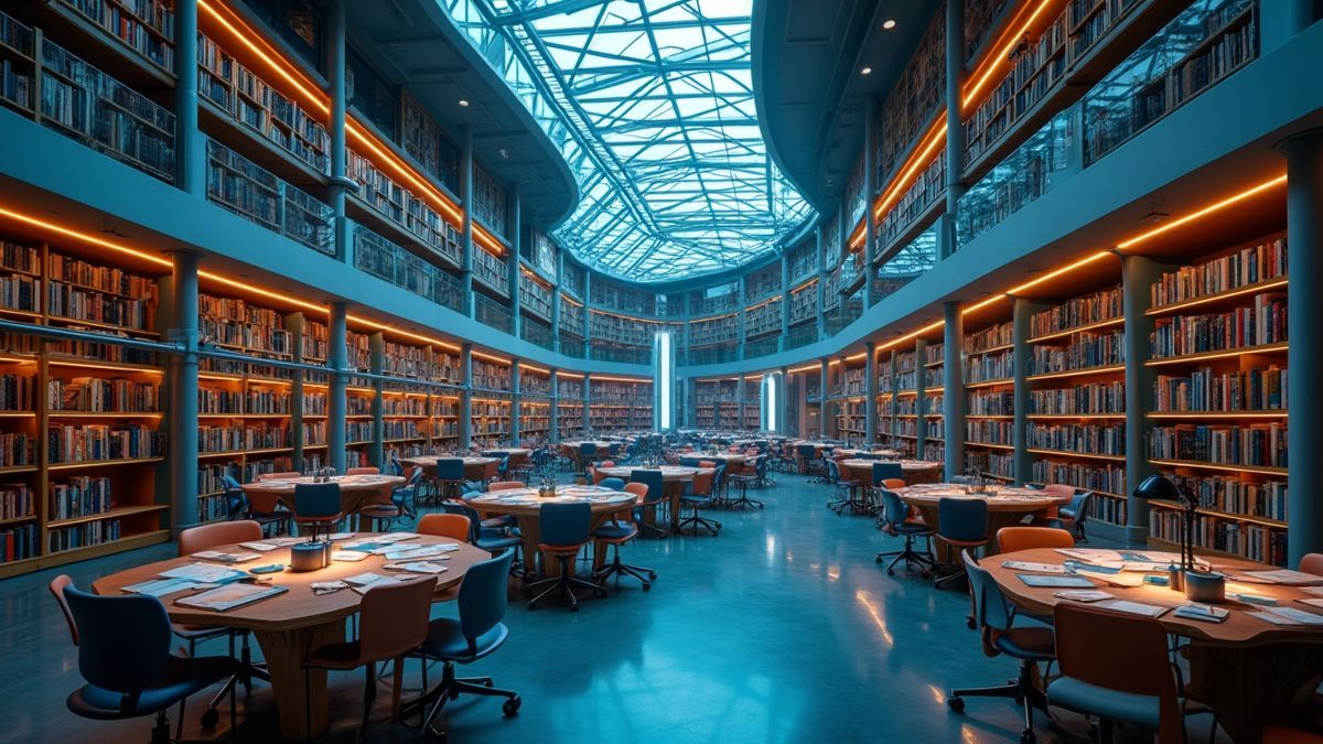 Toekomstige bibliotheek met digitale en traditionele boeken.