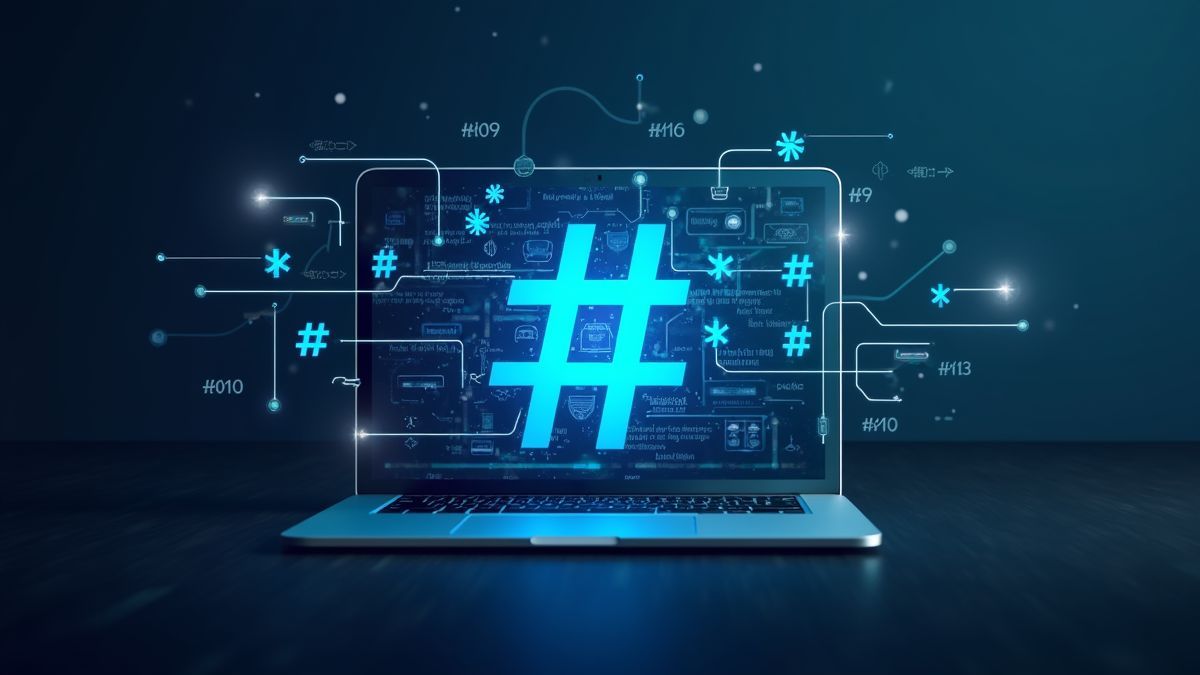 Toekomstige technologie weergegeven door hashtags en digitale symbolen.
