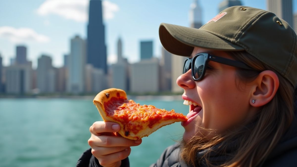 Toerist geniet van een punt deep dish pizza met Chicago skyline.
