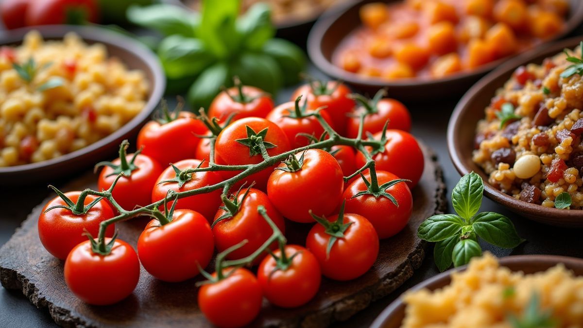 Tomaten in verschillende keukens met traditionele gerechten.